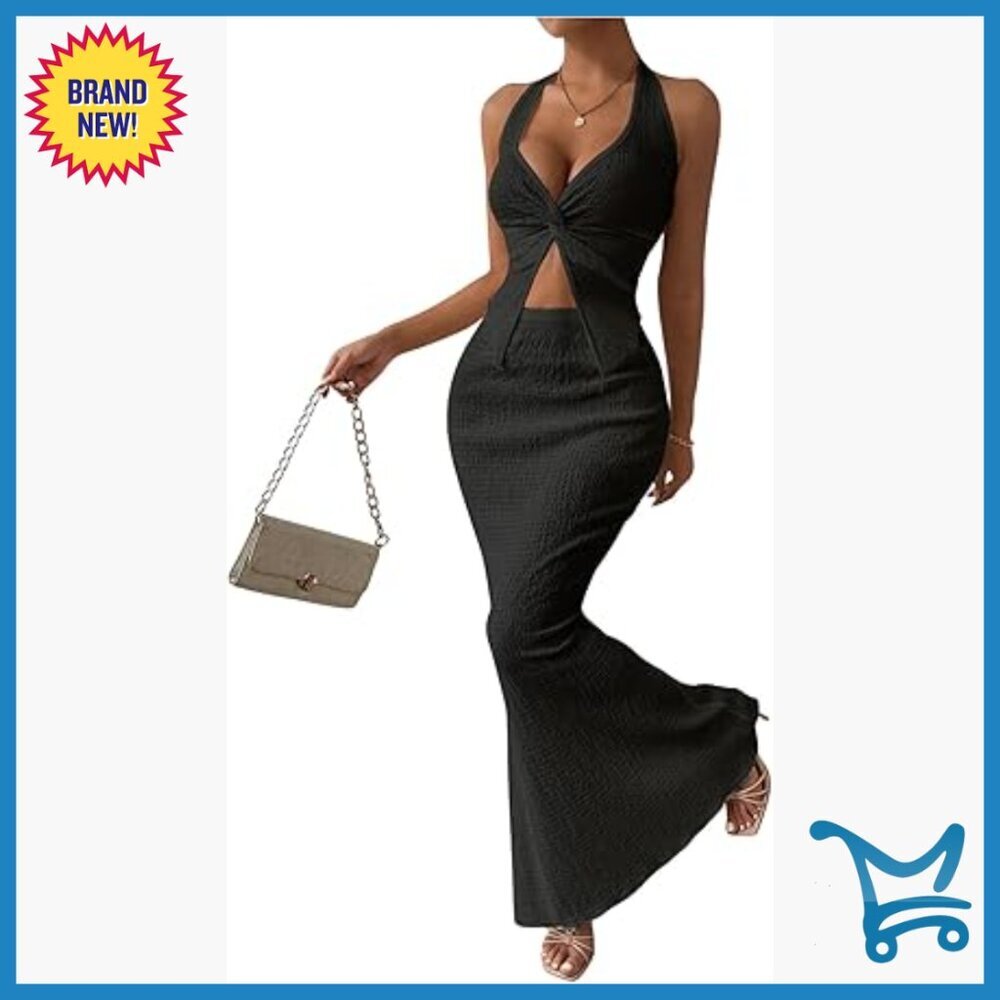 Women's Two Piece Halter Twist Cami Top and Skirt Set Summer Outfit